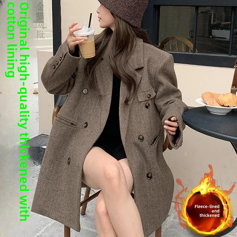 Plus Size Slimming Effectiveness Vintage Coffee Color Tweed Womens Winter Loose Woolen Fashion Versatile Slim Fit Suit Jacket 251210