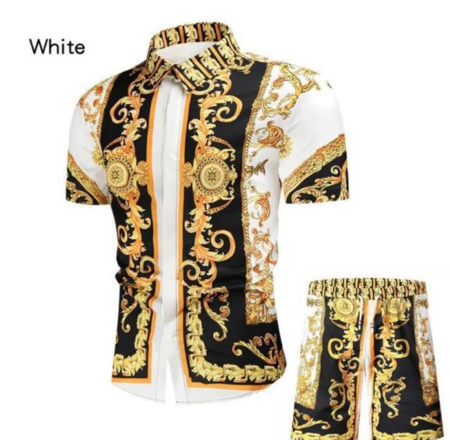 Hot men's Baroque print Tracksuits Royal style Hawaiian beach short sleeved shirt shorts 2-piece set Sportswear
