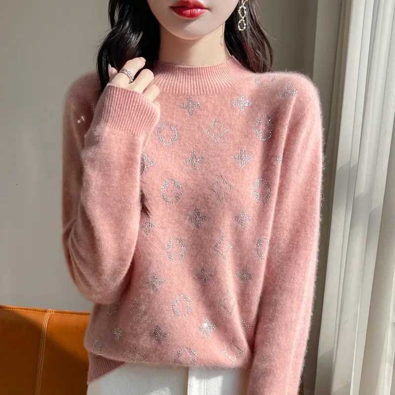 Womens 100 Pure Wool Knitted Sweater Letter Embroidery Drill Base Layer Shirt Half High Collar Full Sleeve Autumn Winter New Z251211