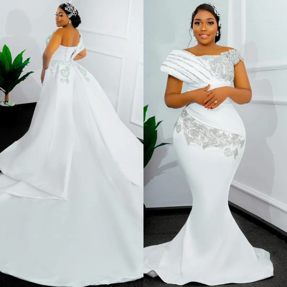 Elegant Mermaid Wedding Dress For Bride Bridal Gowns With Detachable Train One Shoulder Rhinestones Beaded Satin African Black Women Marriage 1211