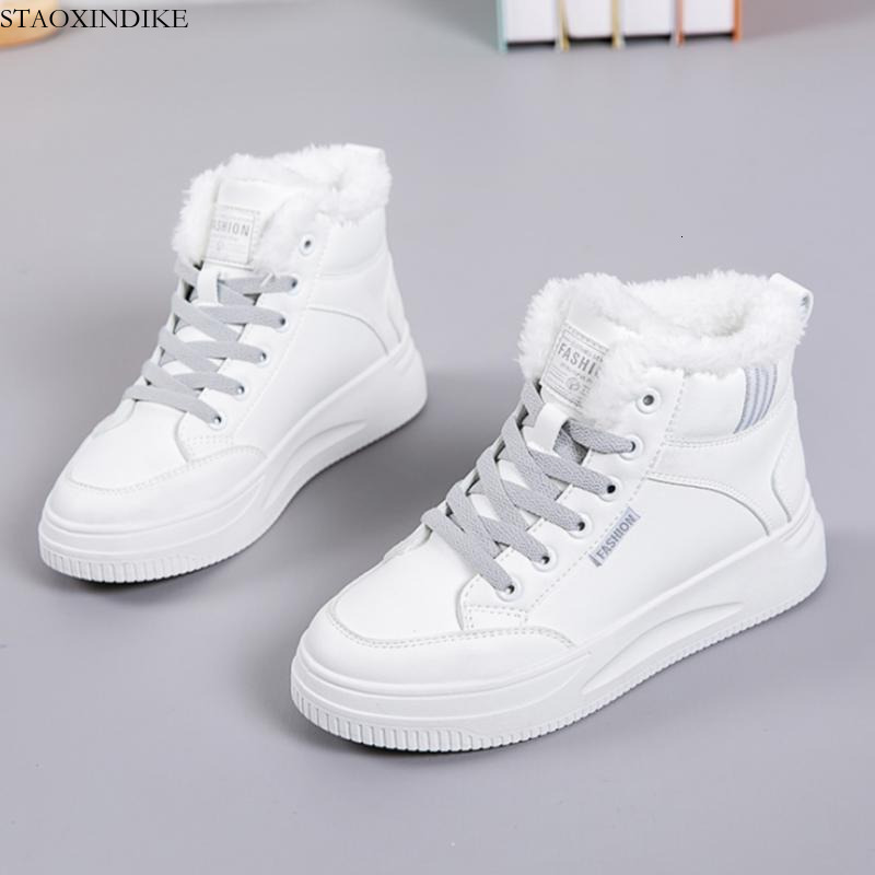 STAOXINDIKE Fleece-Lined Thickened White Sneakers for Women 2025 Winter New Casual Thick-Soled Non-Slip Student High-Top Warm Cotton Shoes
