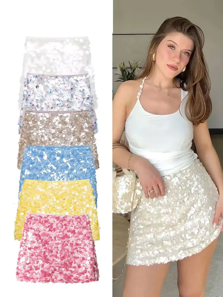 HH Womens Summer Trendy Solid Sequined Mini Skirt A-line Side Zipper High Waist Vintage Female Party Y2K Chic Cropped Skirt251205
