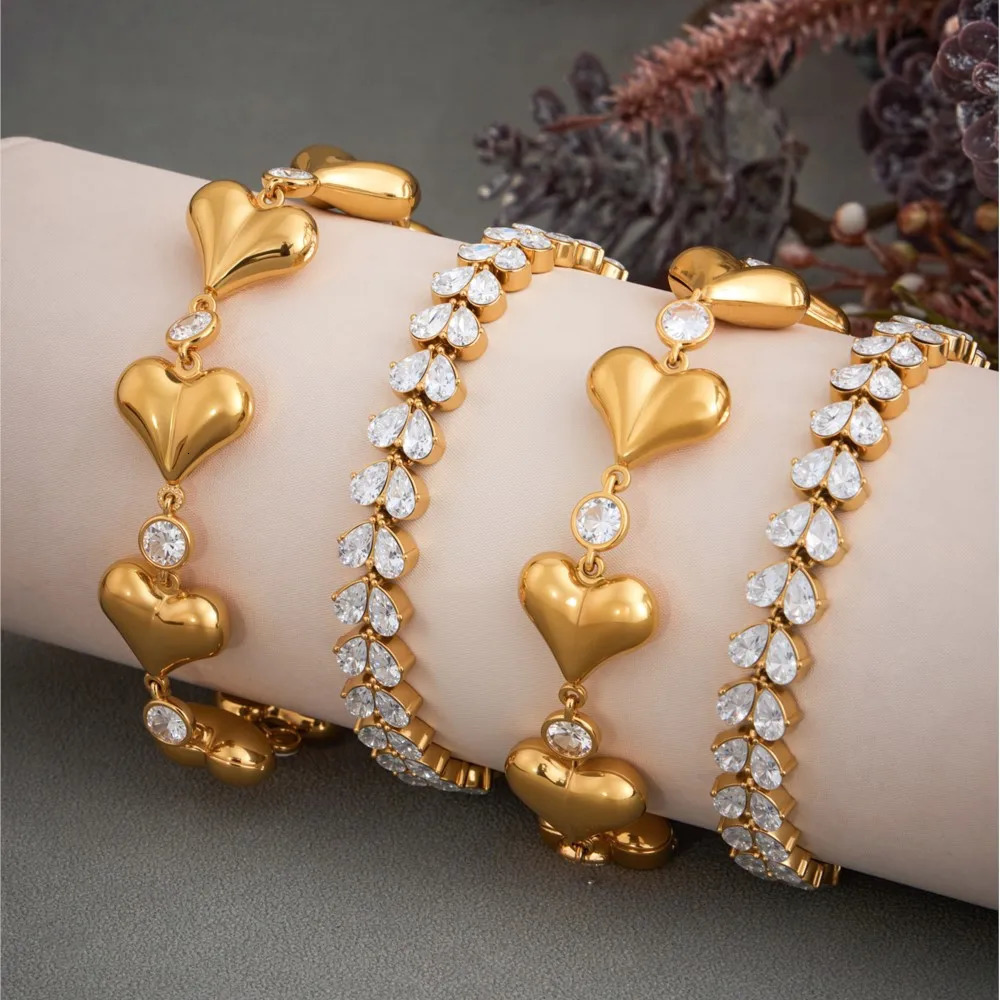 Heart Bracelet In Stainless Steel 18k Gold Plated Waterproof Non Tarnish Shiny Zircon Cubic Zirconia Chain Bracelets For Women 251210