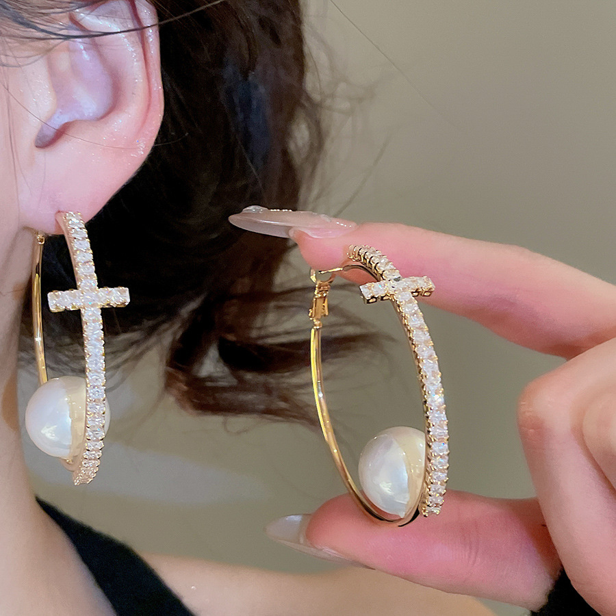 Real Gold Plated Zircon Cross Pearl Hoop European and American Retro Elegant Temperament Earrings Light Luxury High-end Feel Ear Jewelry-image-1088246180