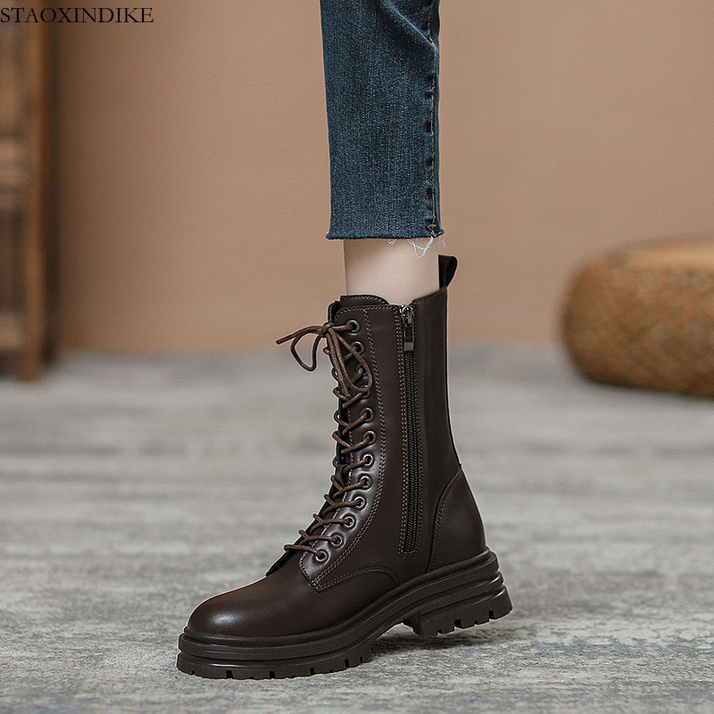 STAOXINDIKE Genuine Leather British Style Martin Boots for Women 2025 Autumn Winter New Thick Sole Versatile Brown Short Boots Mid-Calf Slimming Sin