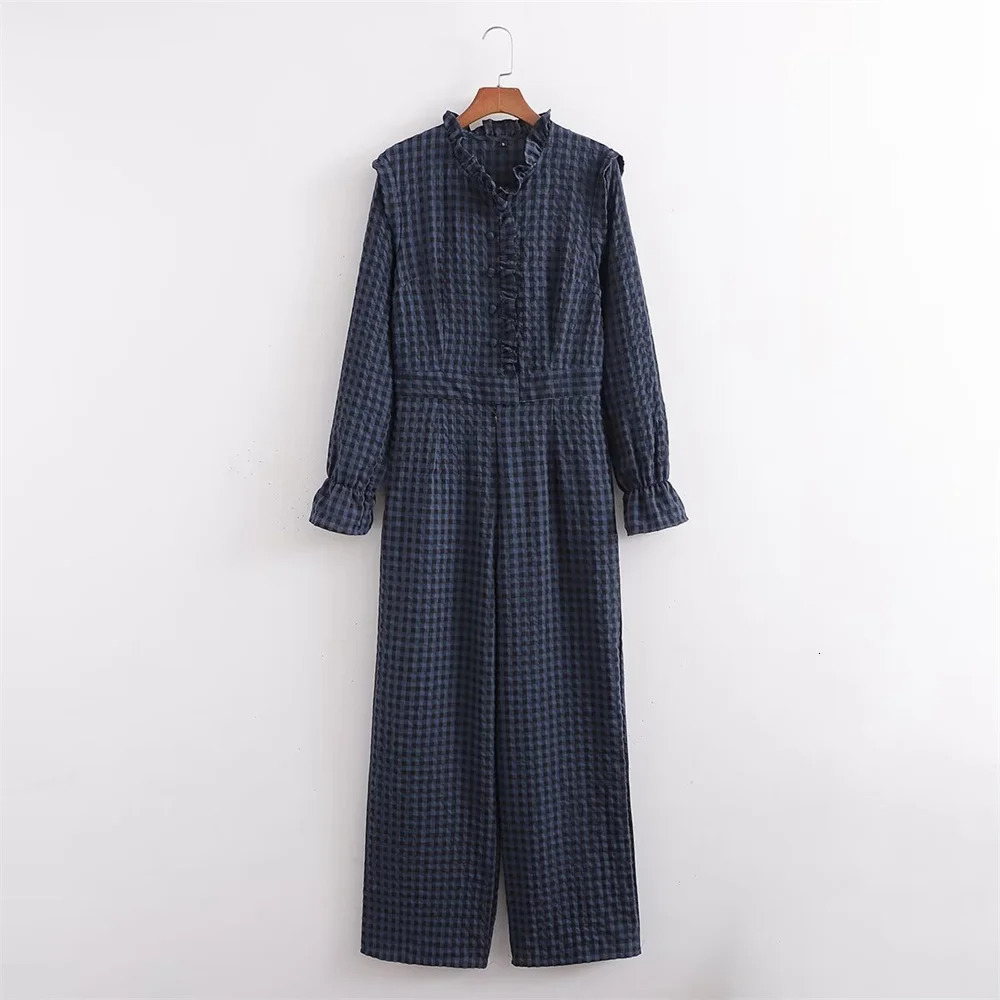 Spring Product Womens Casual Style Slim Fit Lace Collar Decoration Long sleeved Plaid jumpsuit251205