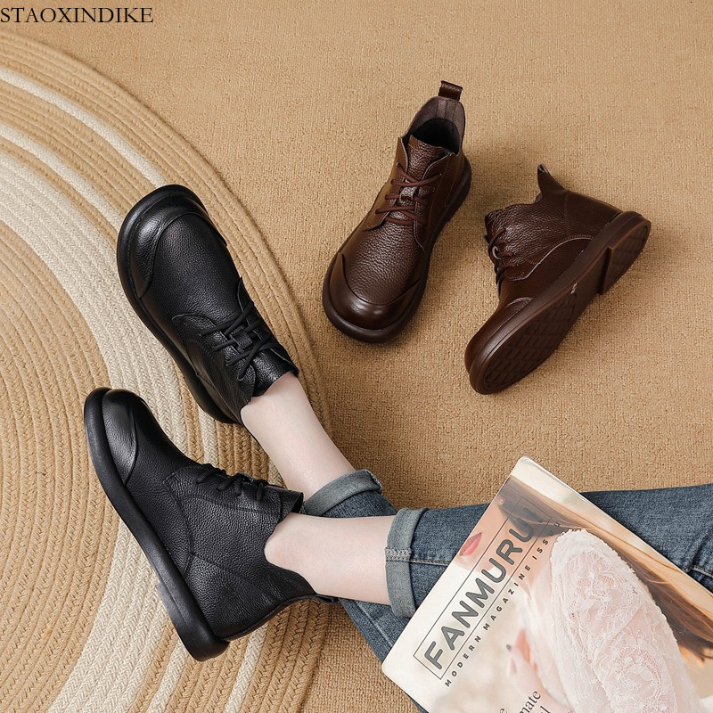 STAOXINDIKE 2025 Autumn New Genuine Leather Low Heel High Top Versatile Single Shoes Hotel Long Standing Comfortable Work Shoes Women Leather Shoes