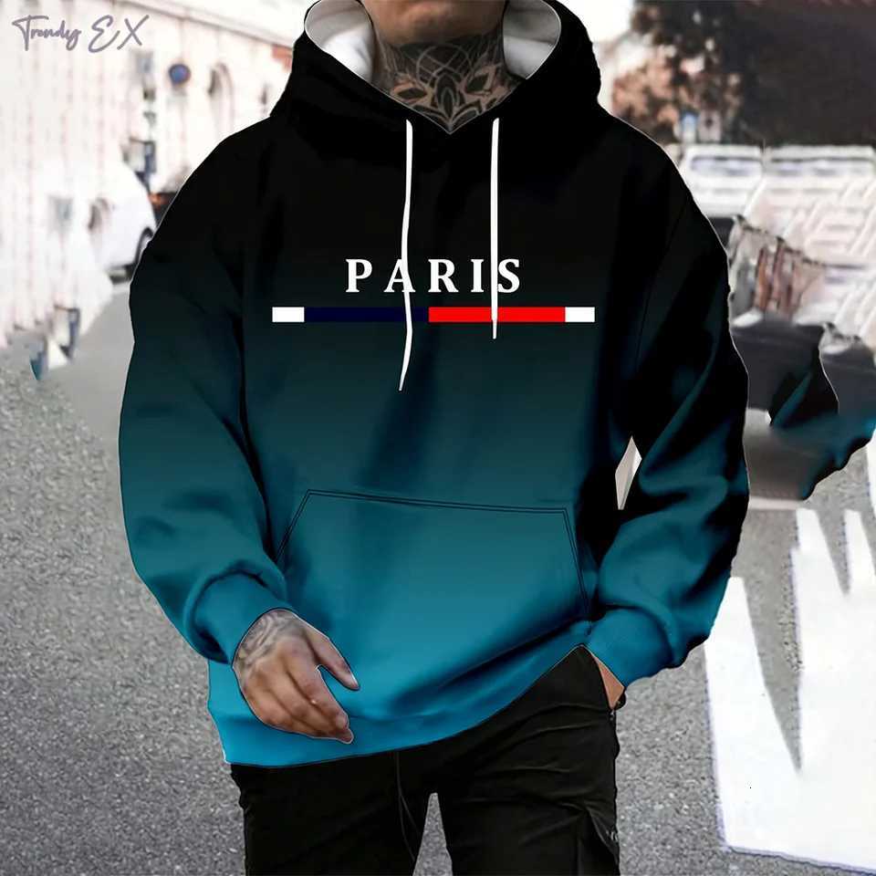 Hooded Sweatshirt Man Fashion Gradient Paris Print Polyester Casual Top Pullover with Slight Stretch Fall Winter Clothes for Men W251211