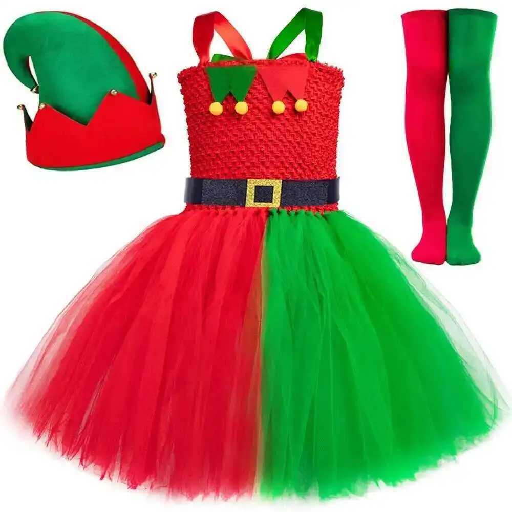 Red Green Christmas Elf Costumes Girls Xmas Carnival Party Dresses for Kids New Year Tutu Outfit Children Holiday Clothes Gifts X251212
