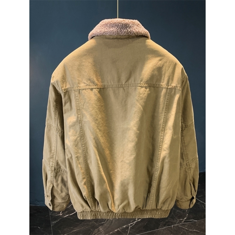 Khaki casual fur collar jacket mens thick winter warm jacket with added fleece fashionable thick mens clothing 251205CJ