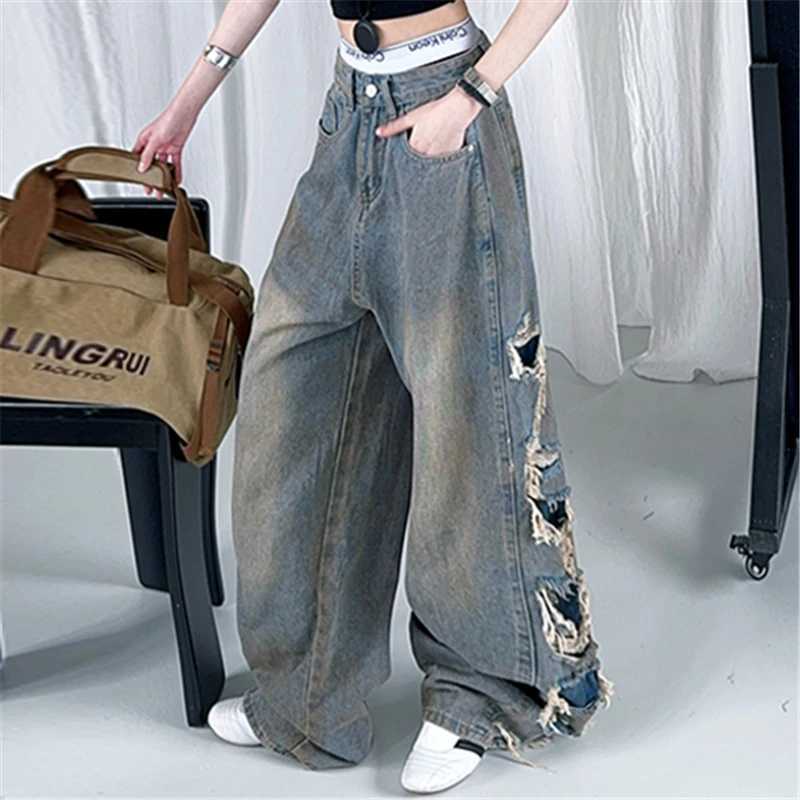 Kids Child American Vintage Washed and Distressed Jeans with Side Hole For Girl High Street Fashion Wide Leg Broken Denim PantsT251212