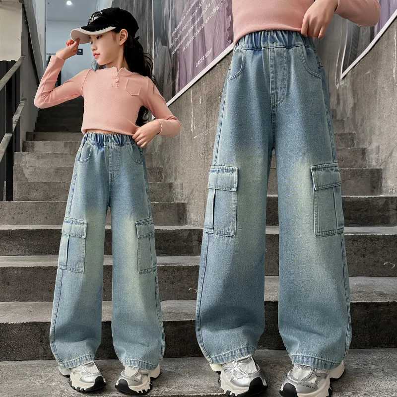 New Girls Casual Wide Cargo Jeans with Large Pockets for Tweens Children Spring Autumn Loose Drawstring Denim Pants Age 5 -14 TT251212-image-1088151590