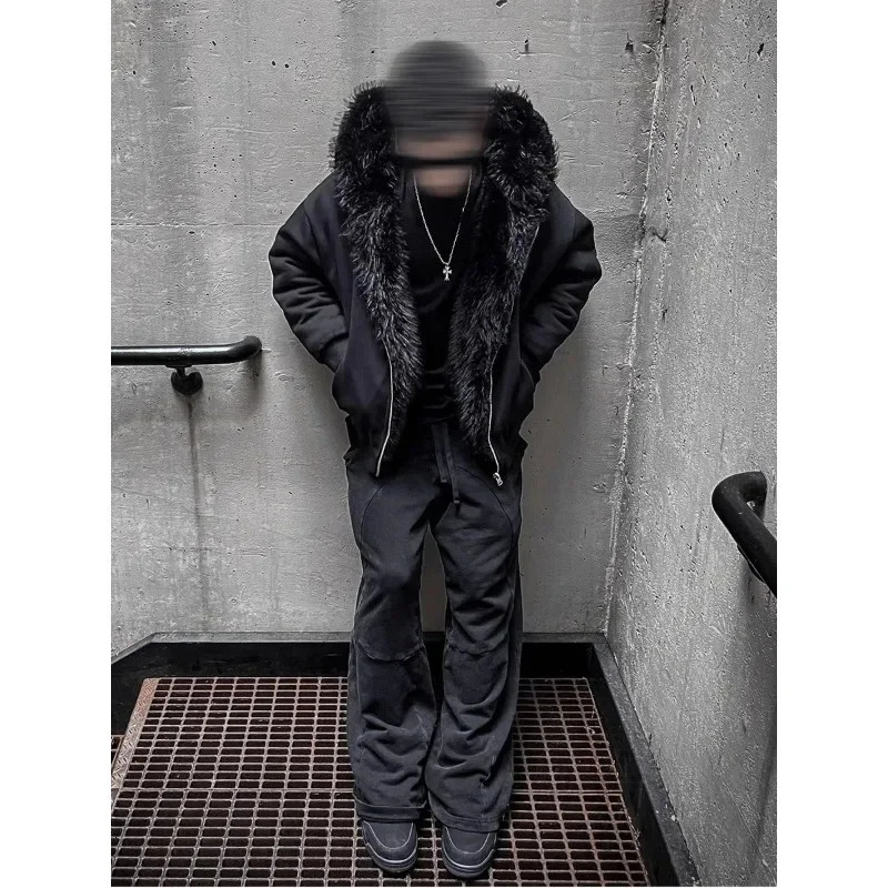 Men with Hood Zipper Fluffy Jacket Hooded Coat Autumn and Winter Oversized Thickened Warm Black Reversible Faux Fur Parka Coat251205