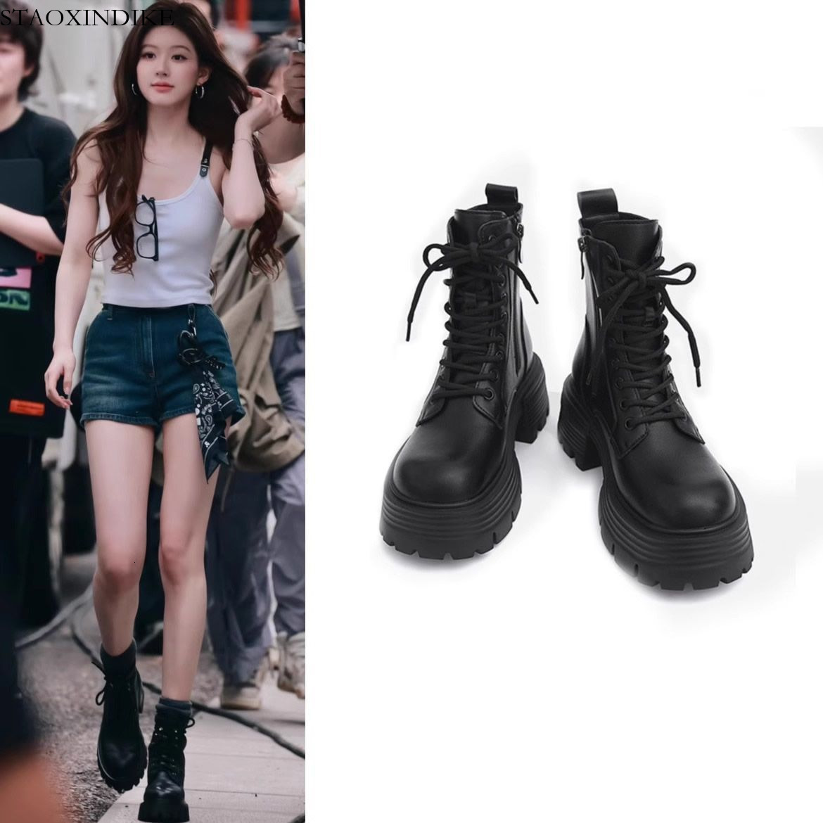 STAOXINDIKE Women's Martin Boots Autumn 2025 New Round Toe Thick Sole Height Increasing Boots Black British Style Cool Fashion Short Boots