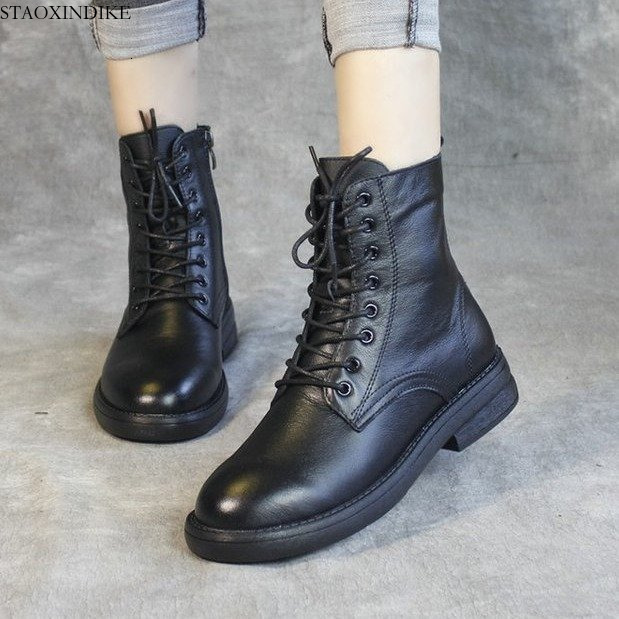 STAOXINDIKE Vintage Soft Leather Soft Sole Short Boots Thick Heel 2025 Autumn Winter New Women Korean Version Thick Sole Height Increasing Fashion M