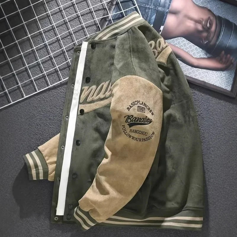 Retro Suede Baseball Jacket Mens Autumn Winter American Style Loose Towel Velvet Pilots Top Trendy ed Outerwear 251210