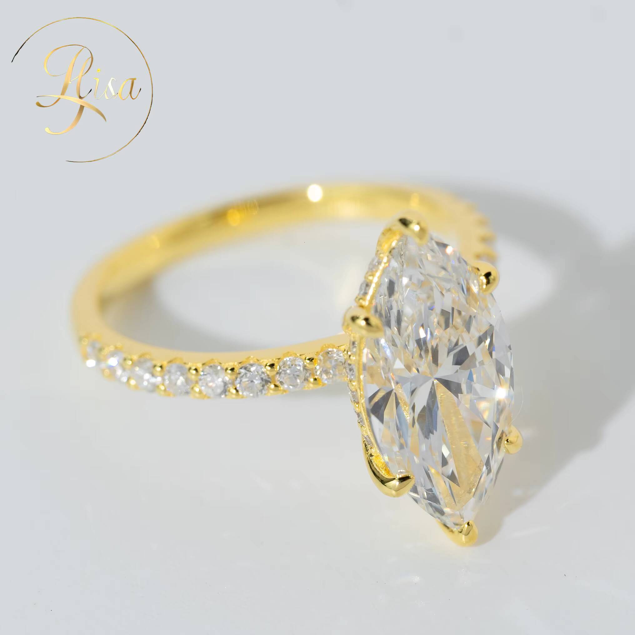 Custom Marquise Cut Vvs Lab Grown Diamond Engagement Ring High Quality Yellow Gold 925 Sterling Silver Ring Fine Women Jewelry