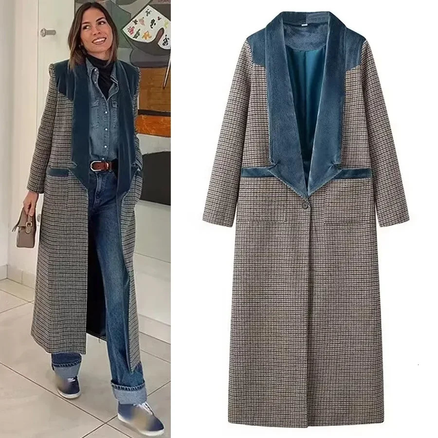 Womens Fashionable Plaid Woolen Coat Deep V-neck Long Sleeve Stand Collar Independent Station Style Large Size Clothing251205