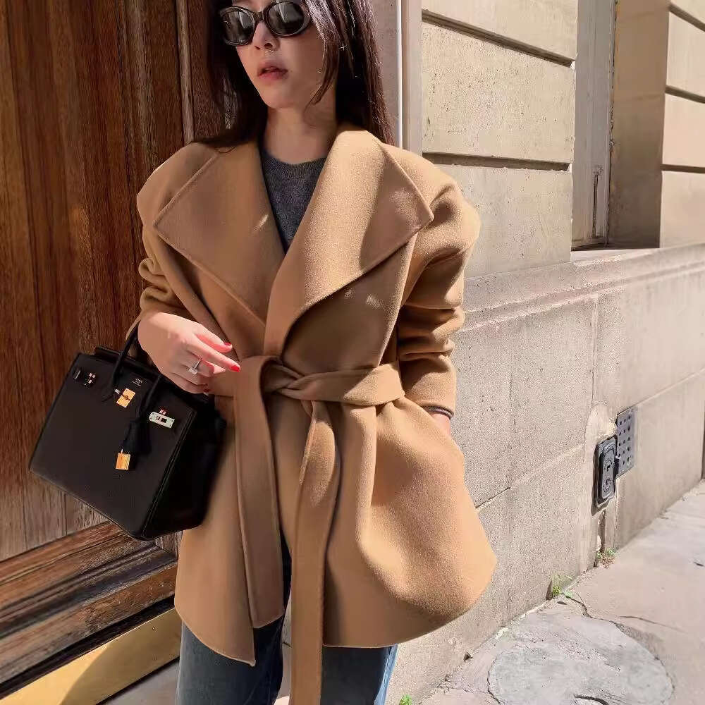 Korean Autumn Winter Versatile French Style Elegant Large Lapel Tie Waist Slimming Solid Color Long Sleeve Woolen Coat For Women B5