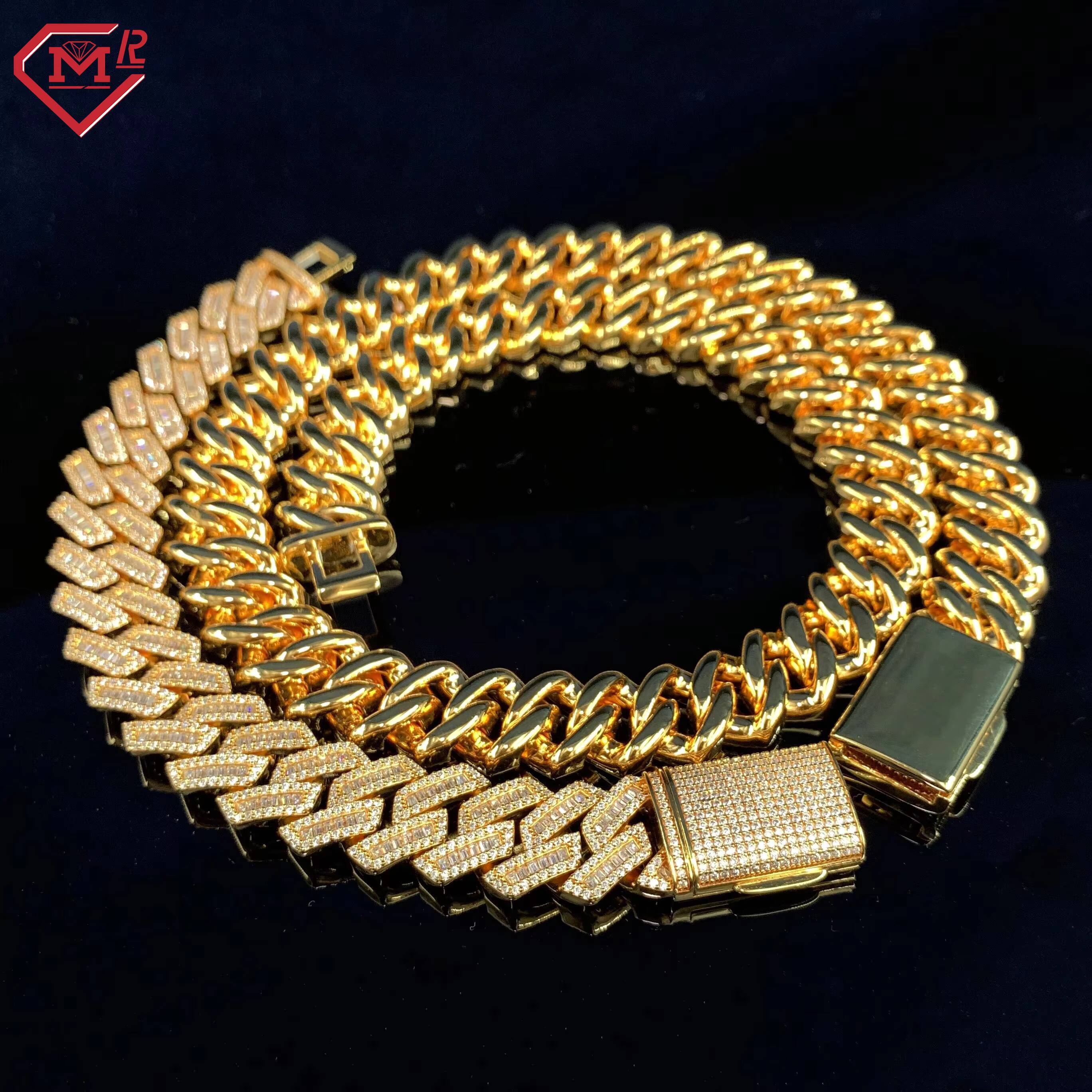 Hot Sale 15mm Moissanite Cuban Chain Men Custom Baguette Hip Hop 925 Silver Iced Out VVS1 Cuban Link Chain