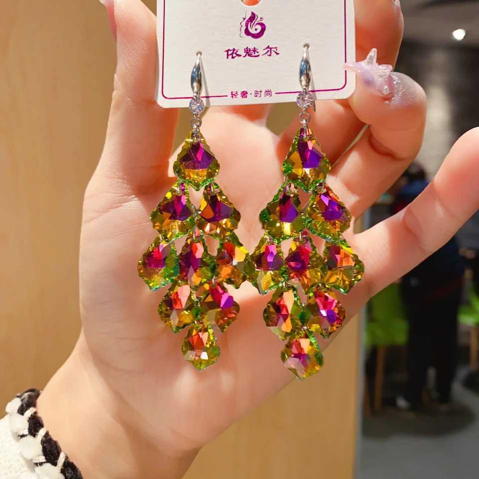 2025 New Colorf Purple Crystal Long Dangle Drop Earrings for Wen Trend Korean Fashion Luxury Wedding Party Banquet Jewelry X251212