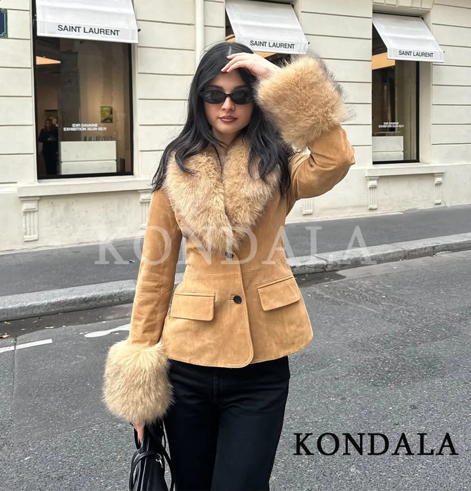 KONDALA Fall Fur Collar Suede Blazer Womens Elegant Buttons Slim Suit Jacket Autumn Fashion High Street Faux Fur Blazer 251211