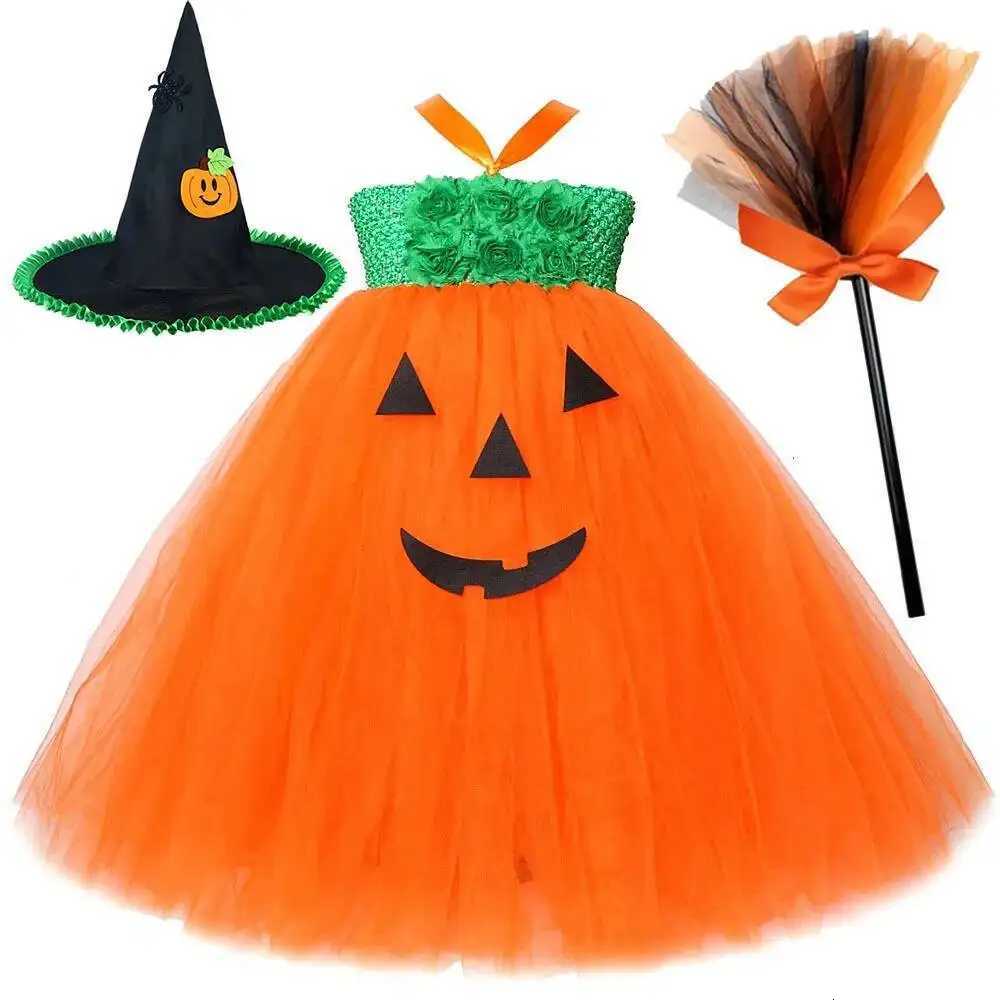 Costumi da strega di zucca per ragazze Mago Halloween Abito lungo tutù per bambini Festa di carnevale Vestito cosplay con scopa magica X251212