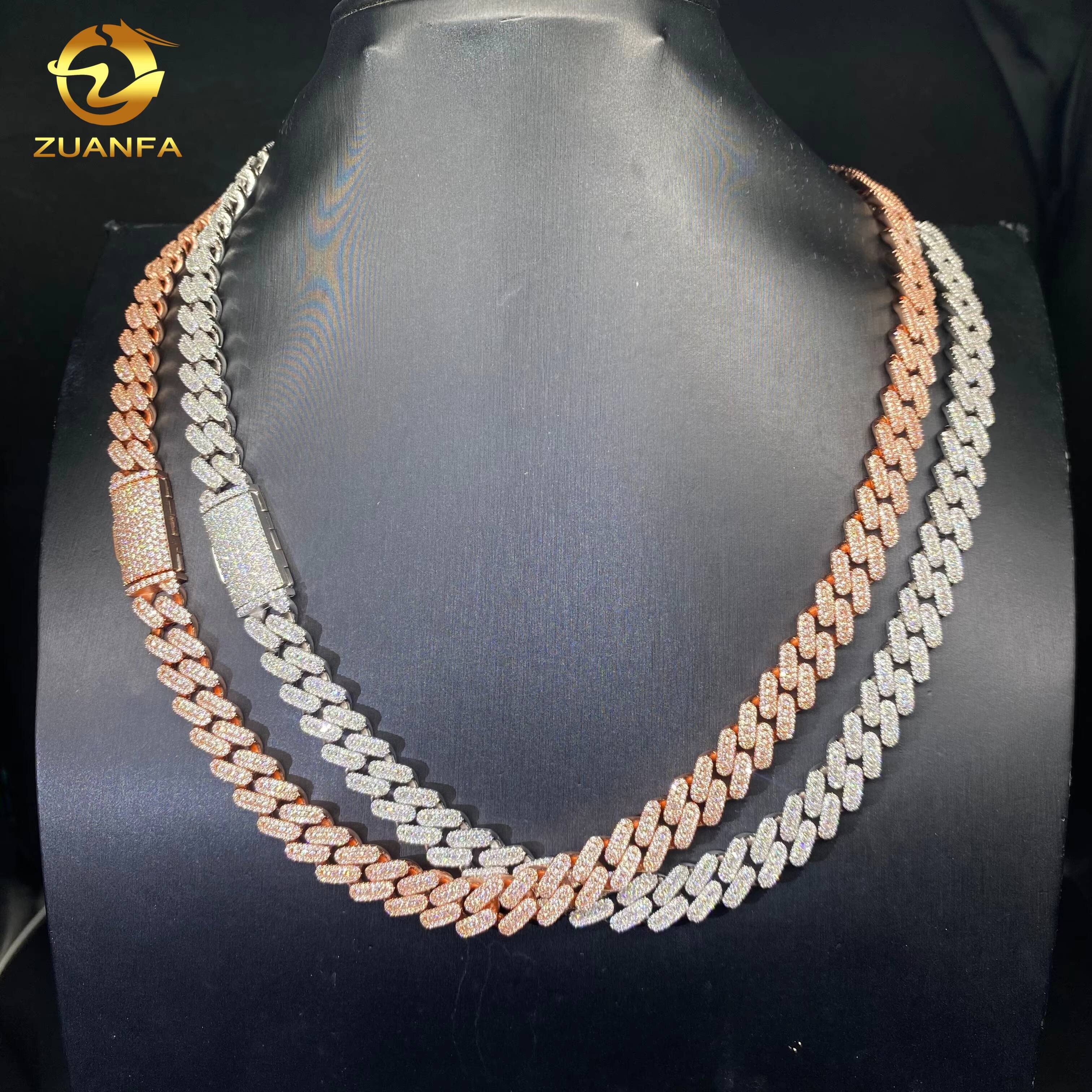 10mm Silver Rose Gold Plated Iced Out Hip Hop Jewelry Bracelet 925 Silver VVS D Moissanite Diamond Cuban Link Chain Necklace