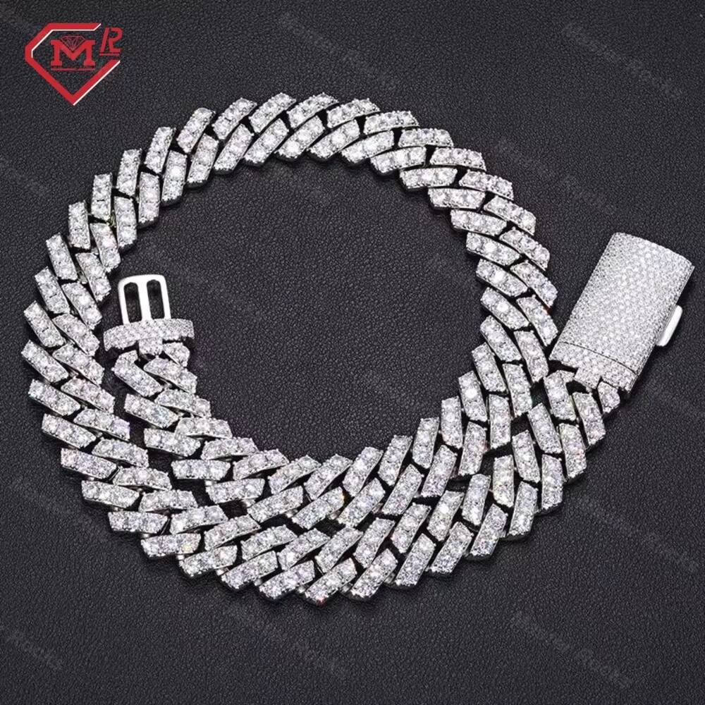 Hiphop 15mm Cuban Chain Iced Out Single Row Straight Edge 925 Silver Custom VVS Moissanite Cuban Chain