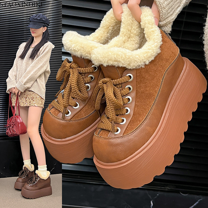 STAOXINDIKE Fleece-Lined Ugly Cute Big-Toe Loafers for Women 2025 Winter New Warm Non-Slip High-Top Cotton Shoes Thick-Soled Genuine Leather Sneaker