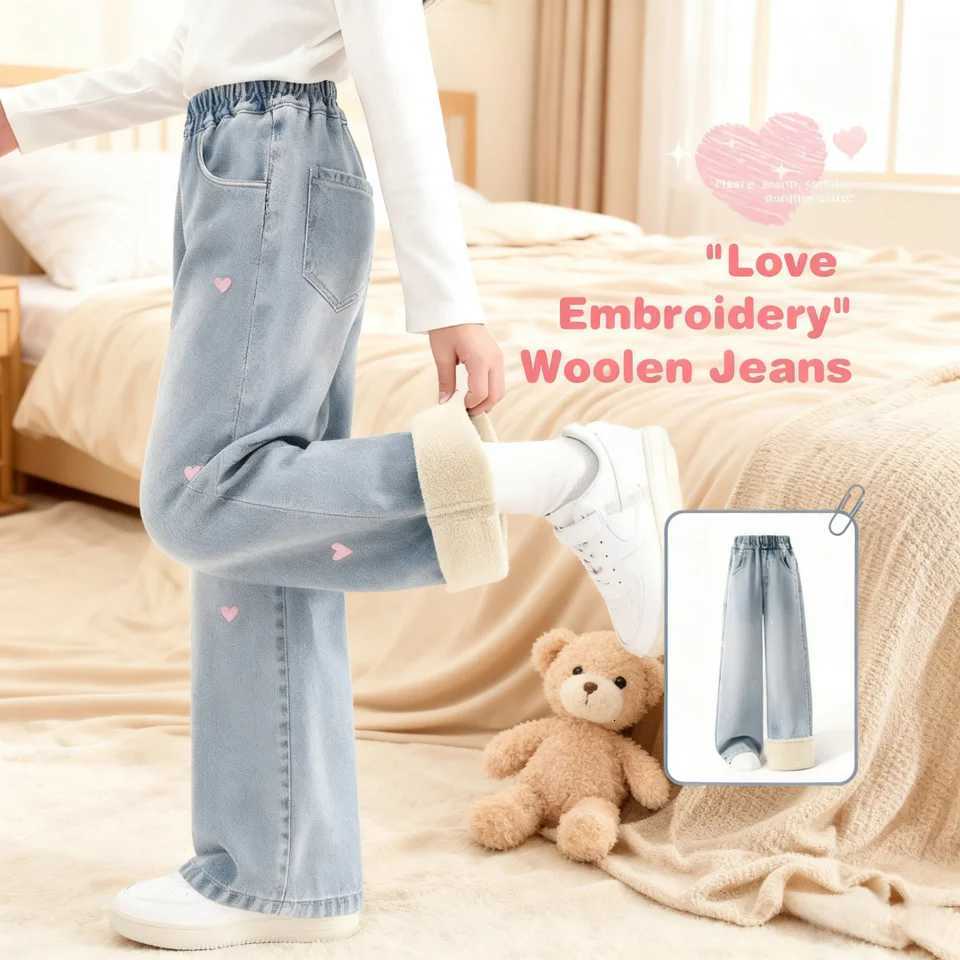 Jeans de broderie en forme de coeur pour enfants automne hiver pantalon en polaire en peluche coupe-vent pantalon confortable filles Style doux J