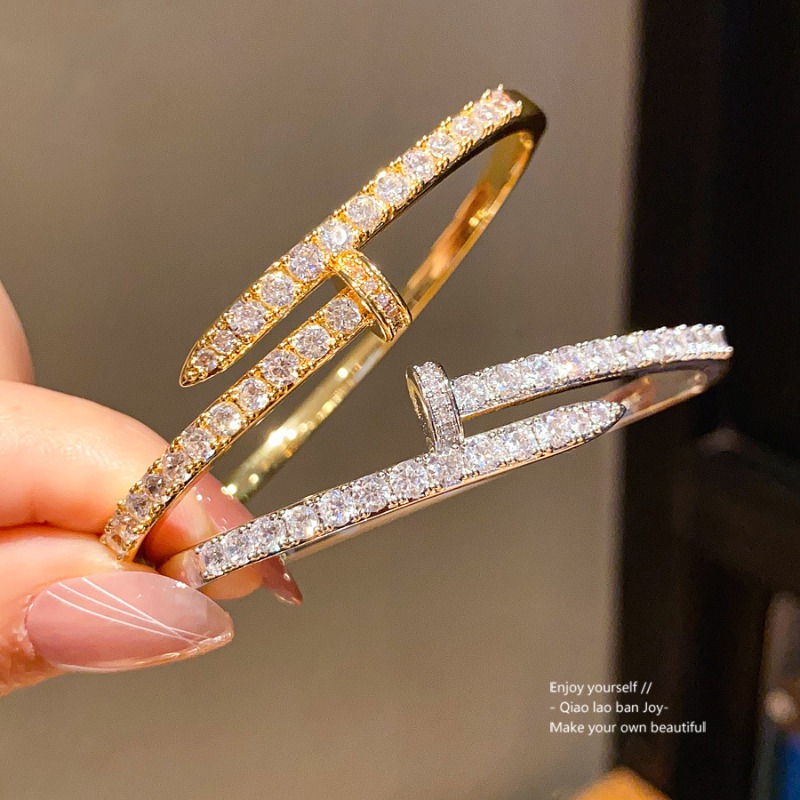Gold - Toned Bangle With Pave Diamonds And Nail - Inspired Detail Delicate Daily Luxurious Jewelry Gift For Her High Quality And Chic Accessory fash