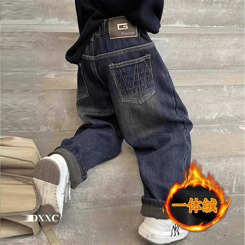 Boys Winter Padded Jeans Children Fleece Warm Pants Kids Wide-leg Casual Trousers 2025 New Teenager Fashion Loose ClothingT251212-image-1088152139