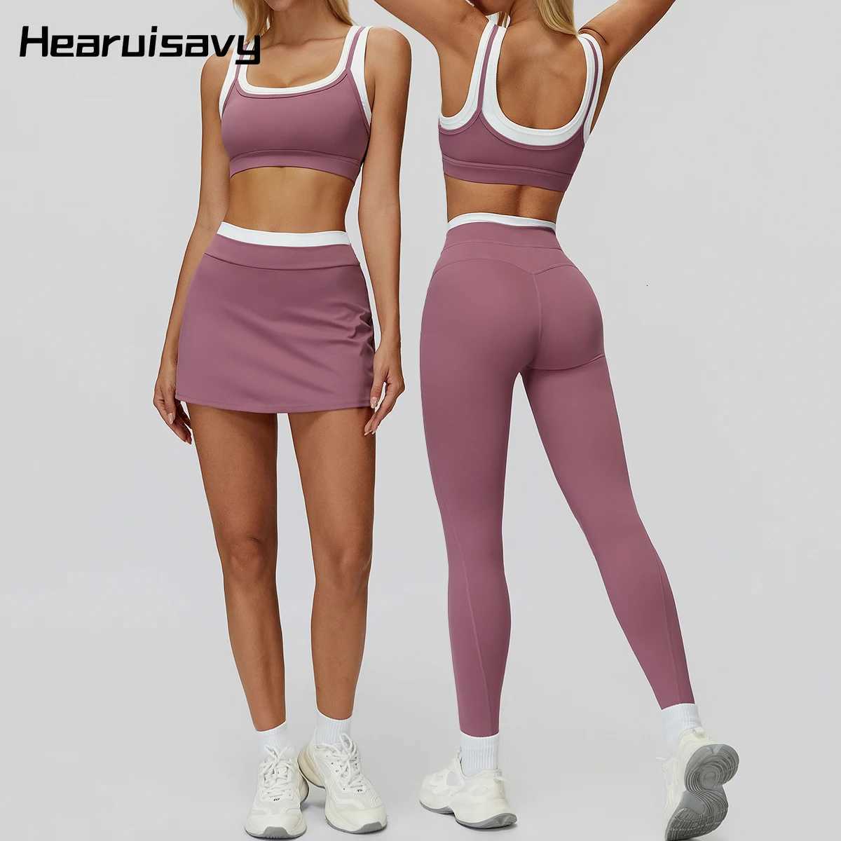 Hearuisavy Womens Sports Suits High Support Running Yoga Bra With Builtin Cups Tennis Short Skirt High Waisted Fitness LeggingsT251212-image-1088148786
