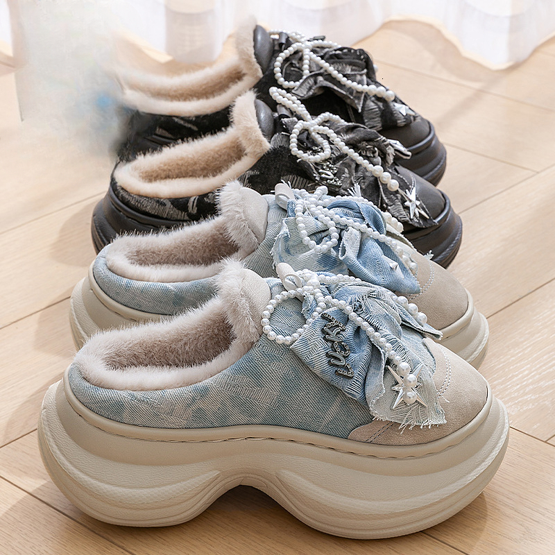 Autumn and Winter Thick Bottom New Women's Closed Fabric Bow Fur Slippers Elegant Lightweight Luxury Cotton Slippers Designer Boots
