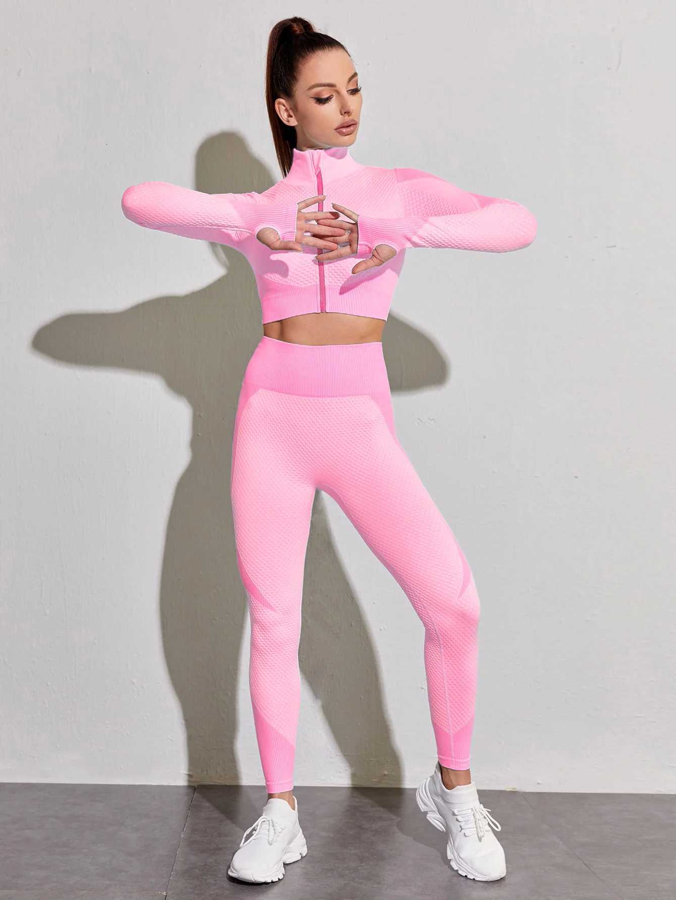 Womens 2 Piece Yoga Tracksuit High Collar Long Sleeve Zip With Thumbhole Crop Top High Waist Breathable Athletic LeggingsT251212-image-1088146115
