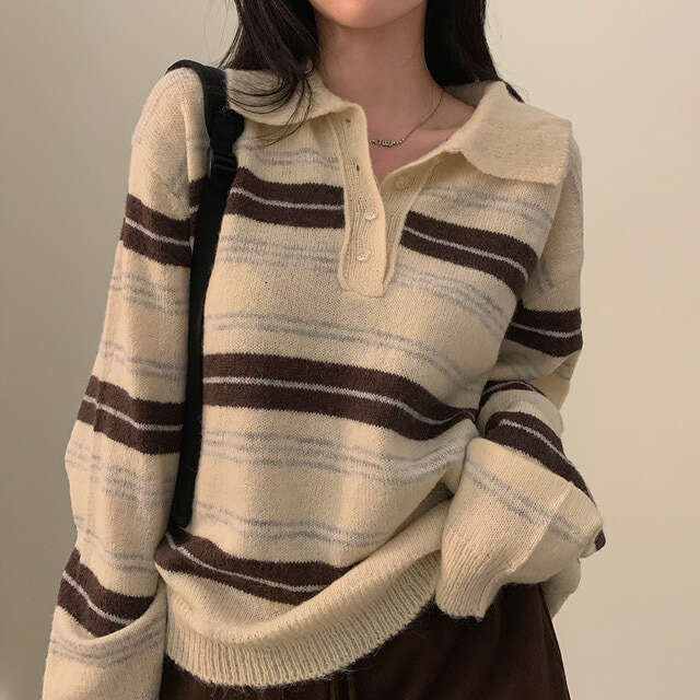 Chic Autumn Winter Korean Version Lazy Style Retro Girl Feel Loose Striped Long Sleeve Knitted Sweater For Women B3