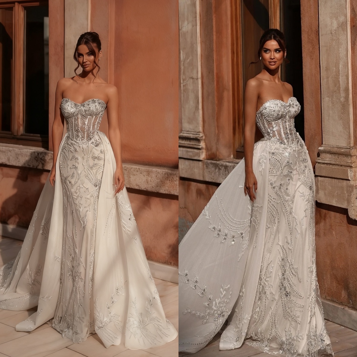 Fashion Strapless Wedding Dresses Appliques Mermaid Bridal Gowns with Overskirts Sequins Sleeveless Customized Vestidos De Novia Plus Size
