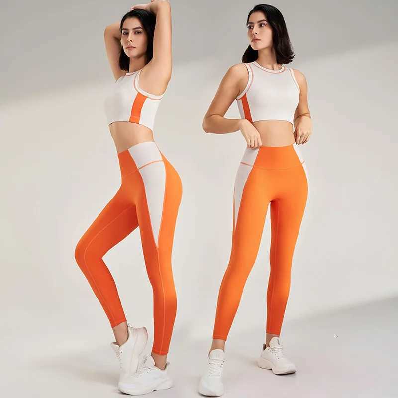 Womens color clashing quick-drying yoga clothes suit gym training clothes suit gathered undershirt lifting hip tight pantsT251212-image-1088145651