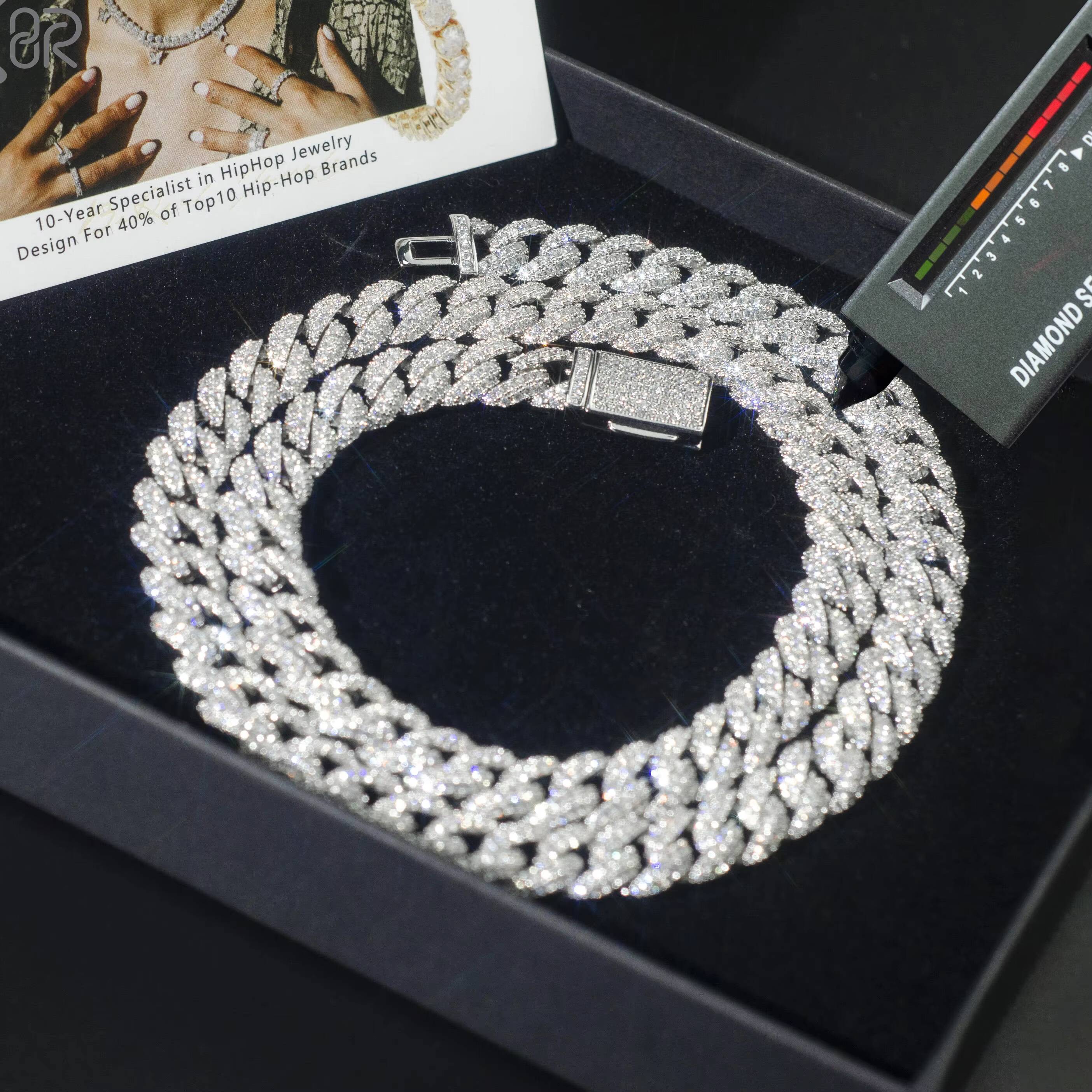 8mm VVS Moissanite Cuban Chain Necklaces Wholesale Gold Plating 925 Sterling Silver Fine Jewelry for Women