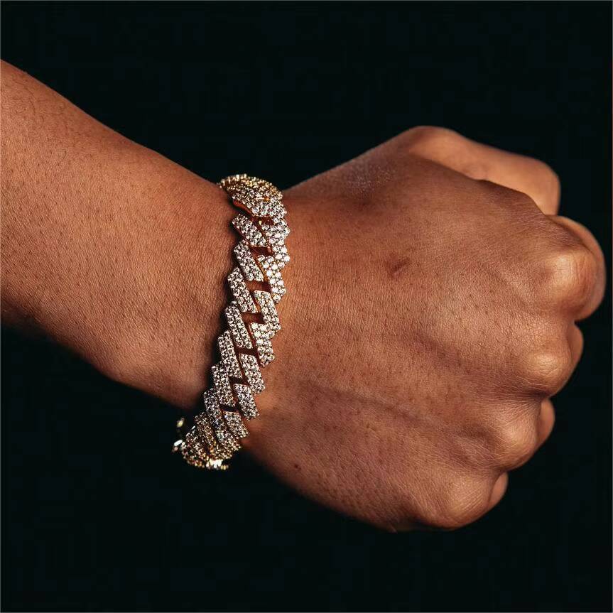 Iced Out Hiphop Cuban Bracelet 2 Row 10mm 15mm Gold Plated 925 Sterling Silver Moissanite Cuban Link Chain