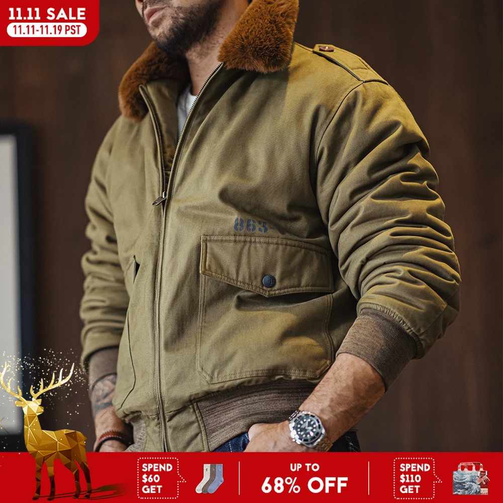 Maden Giacca bomber vintage B10 Cappotto da volo in cotone con cerniera con collo in pelliccia Tasche con risvolto Verde per uomo inverno 251114