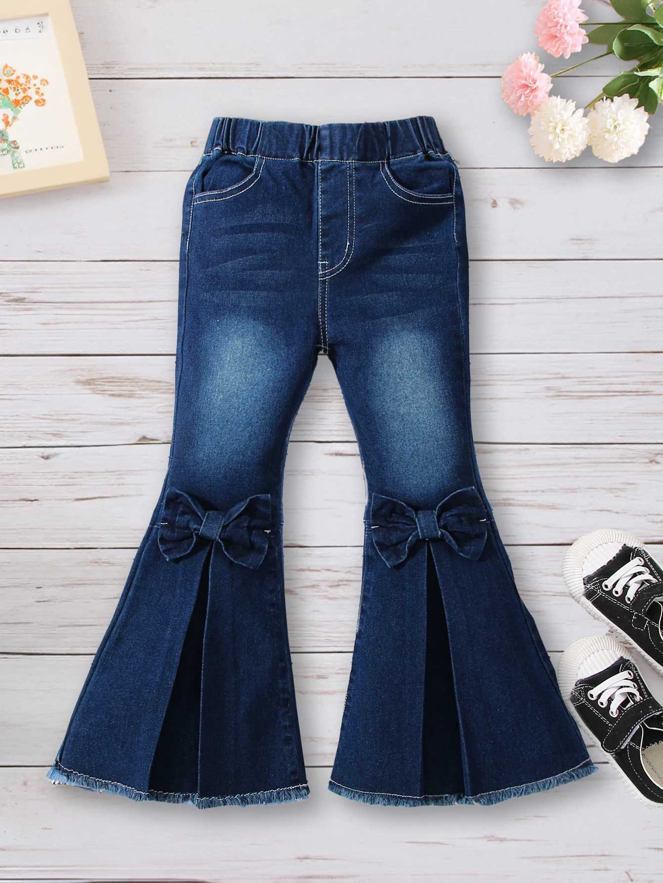 Pantalon en Denim évasé pour filles, couleur unie, avec nœud papillon, coupe régulière, décontracté, pour un Look mignon et intelligent, automne/