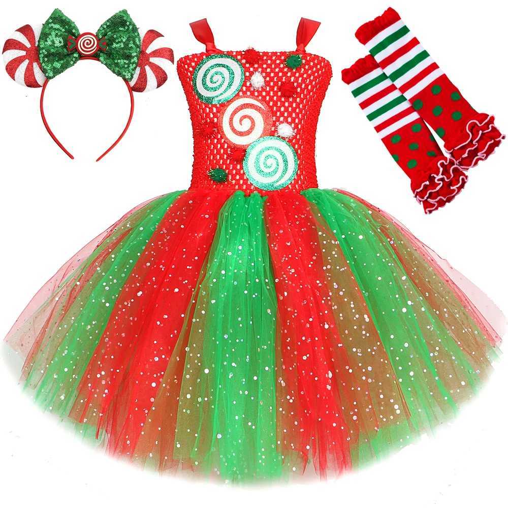 Sparkly Red Green Candy Costumes for Girls Christmas Sequin Tutu Dress with Bow Kids Xmas Party Outfit Twinkle New Year Clothes X251212
