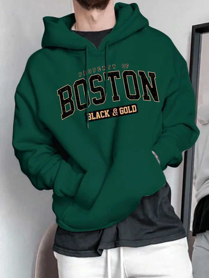 Mens autumn and winter casual fashion loose Boston letter pattern printed long sleeved hooded sweatshirt warm pullover W251211