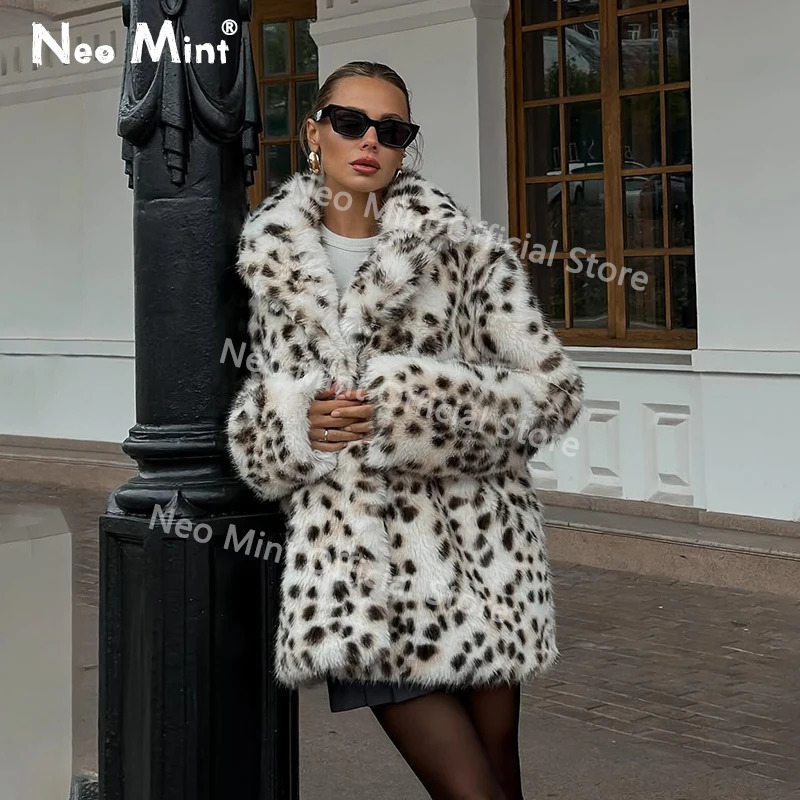 Neo Mint Exclusive Long Brown Leopard Fox Fur Coat Women Winter 2024 Fashion Girls Faux Fur Jacket Overcoat251205