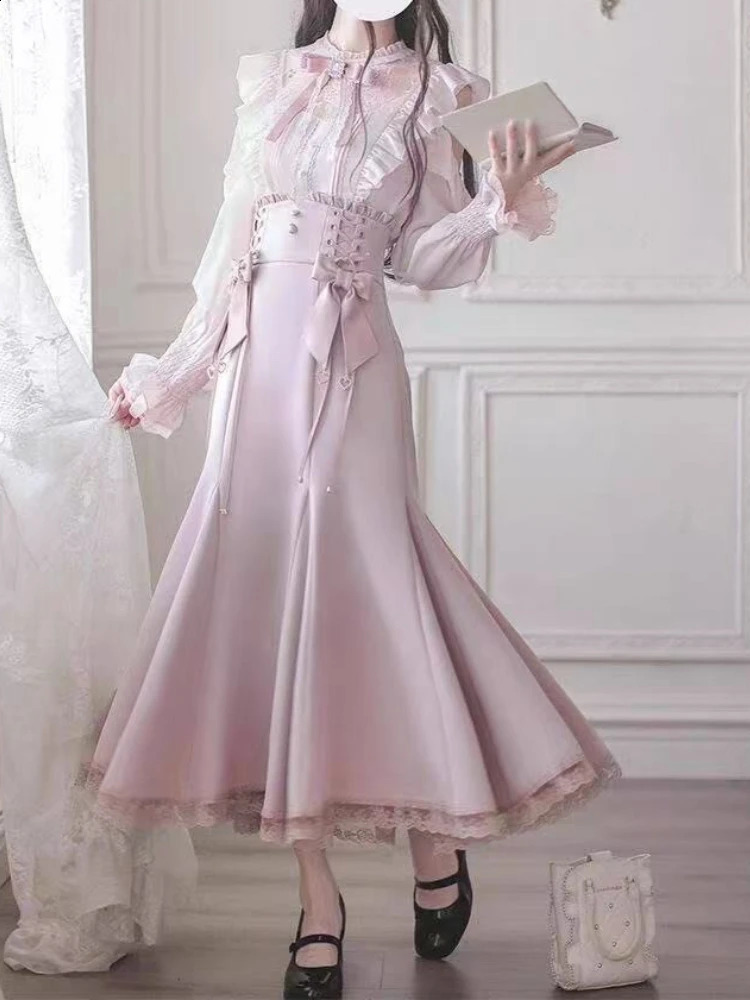 Winter Sweet Bow Slim 2piece Set Women Japanese Kawaii Long Sleeve Thin Skirt Suit Fashion Vintage Christmas Short Outfits 251201