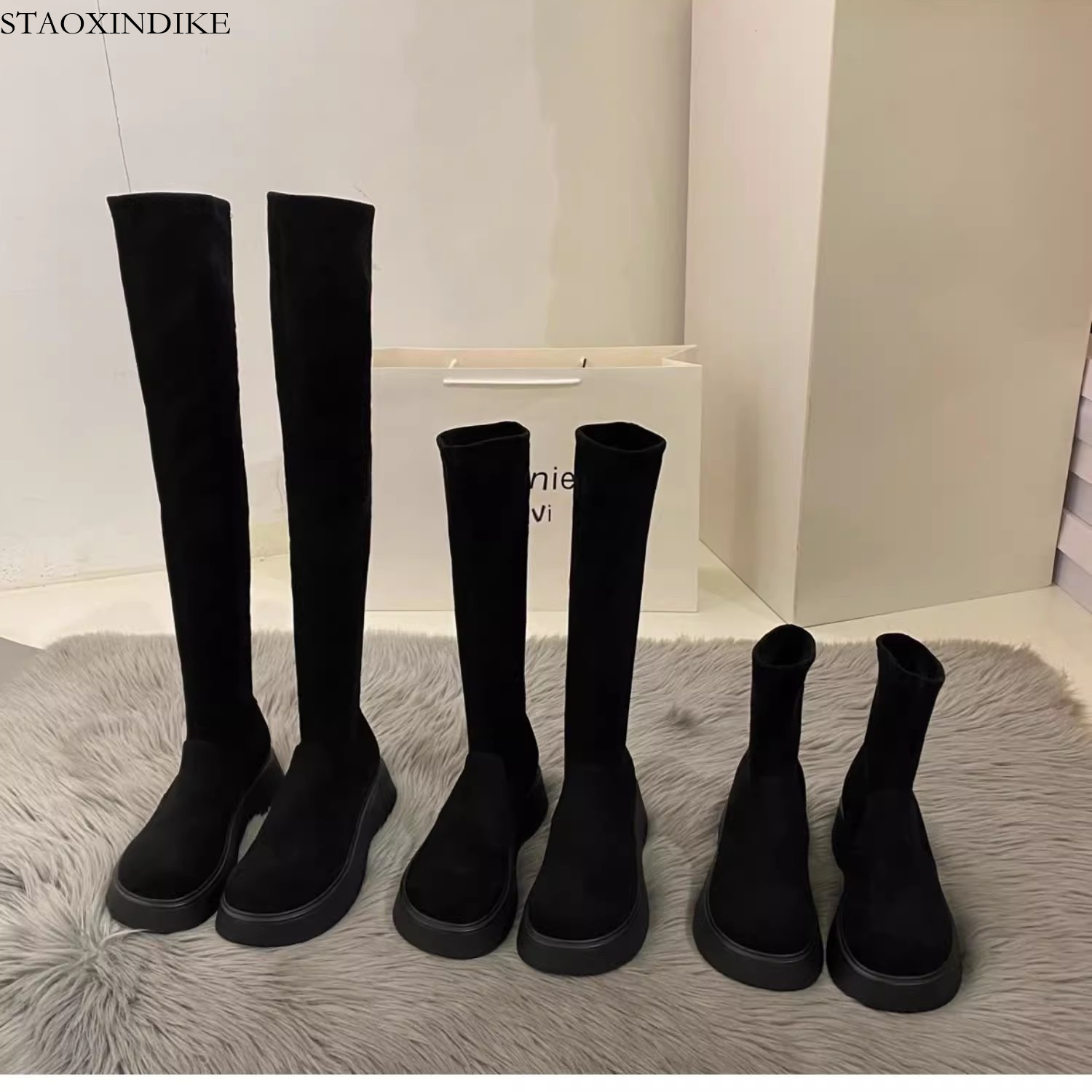 STAOXINDIKE Thick-Soled Martin Boots for Women Winter Fleece-Lined 2025 New Fashion Internet Celebrity Slim Boots Knight Long Boots Hot-Selling Shor