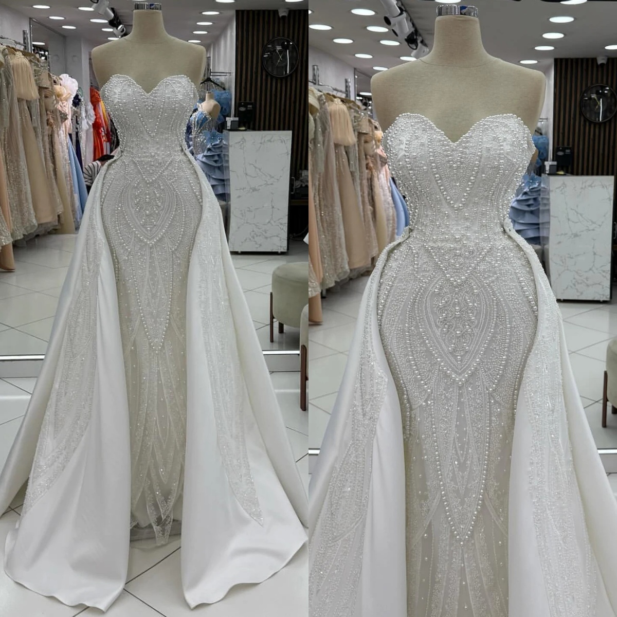 Simple Strapless Wedding Dresses Pearls Sequins Bridal Gowns with Detachable Train Beading Mermaid Customized Vestidos De Novia Plus Size