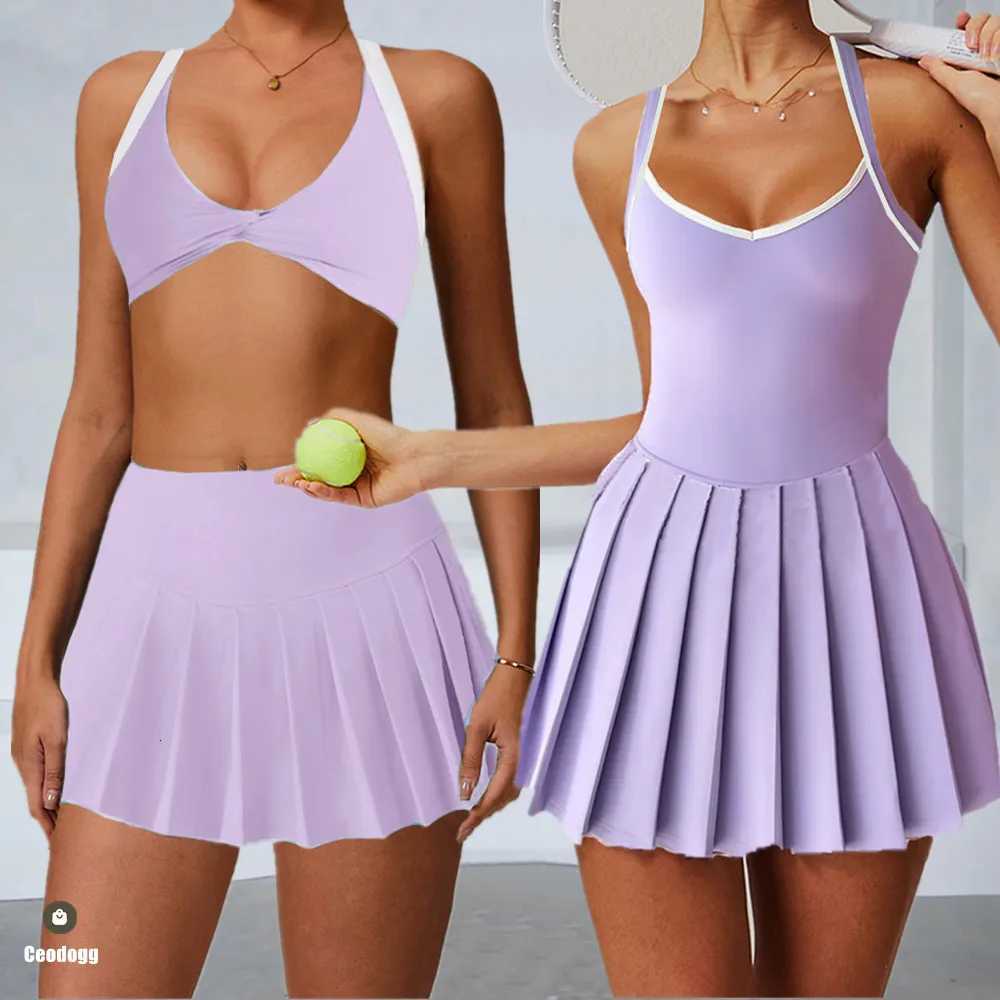 2Pcs Women Sports Yoga Set Running Push-Up Sports Bra Gym Pleated Jumpsuit Tennis Anti Shorts Dress Fitness Activewear XP09T251212-image-1088145378